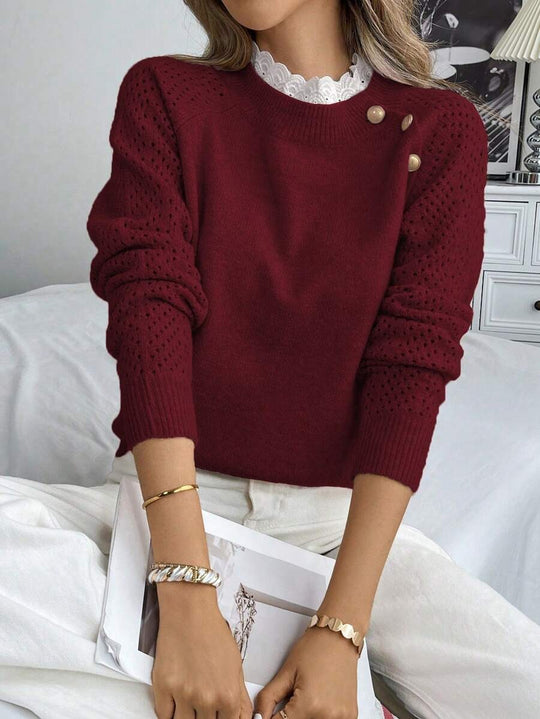 Damen Strickpullover mit dekorativen Knopfdetails und Lochmuster R&B