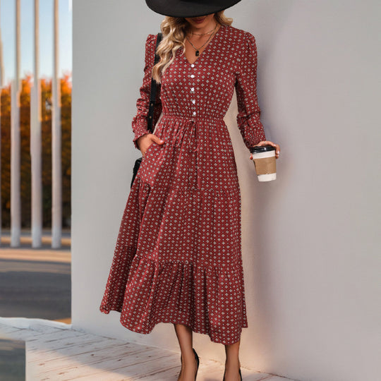 Damen Langarm-Wickelkleid mit floralen Details und Taillenbindung R&B