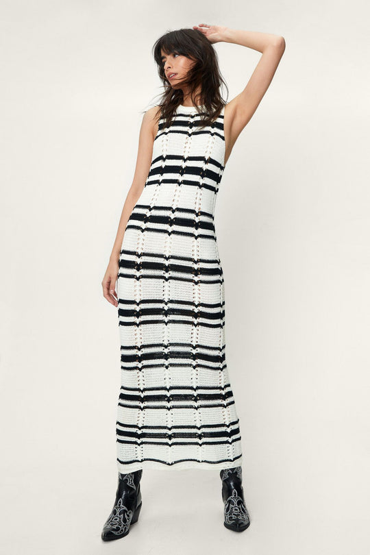 Damen Maxikleid aus gehäkeltem Stoff mit modernem Streifenmuster R&B