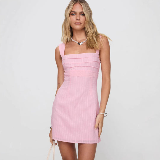 Damen Tailliertes Sommerkleid mit quadratischem Ausschnitt und feinen Streifen R&B
