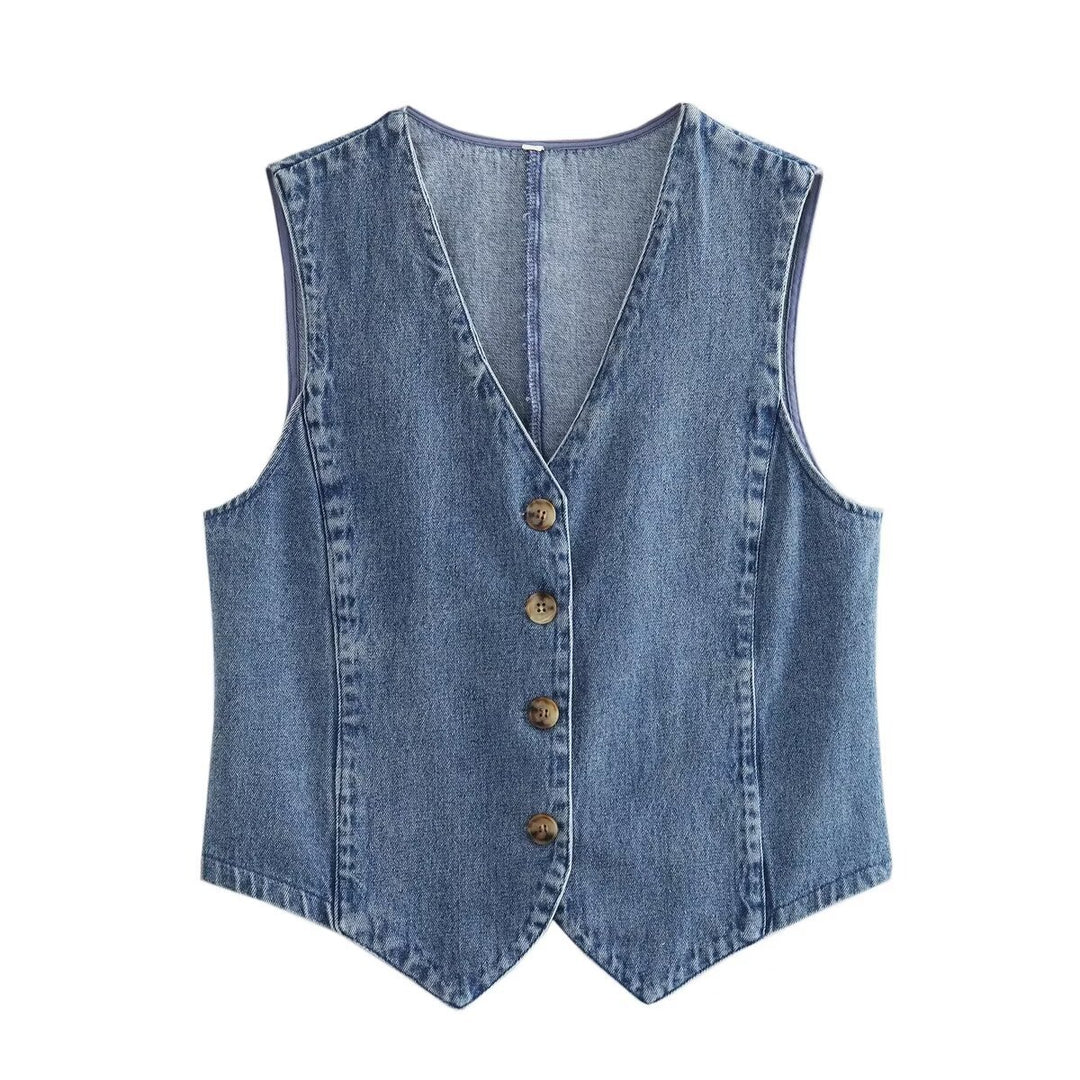 Damen elegante Jeansweste mit Knopfleiste und V-Ausschnitt R&B
