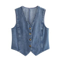 Damen elegante Jeansweste mit Knopfleiste und V-Ausschnitt