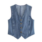 Damen elegante Jeansweste mit Knopfleiste und V-Ausschnitt