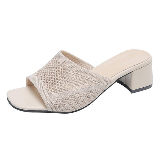 Damen nan gestrickte Sommermule mit niedrigem Blockabsatz und quadratischer Zehenform R&B