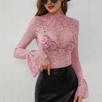 Damen nan transparente Spitzenbluse mit Stehkragen und Trompetenärmeln R&B