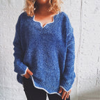 Damen lässiger Strickpullover mit weitem V-Ausschnitt und asymmetrischem Saum R&B