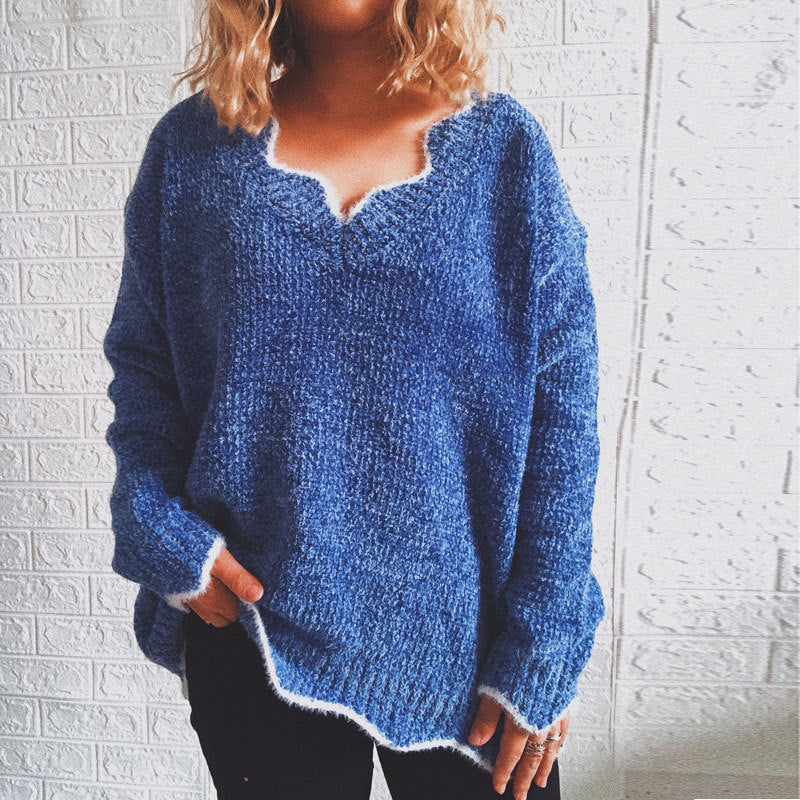 Damen lässiger Strickpullover mit weitem V-Ausschnitt und asymmetrischem Saum R&B