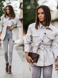 Damen modische Oversized-Jacke mit Gürtel und dekorativen Taschen R&B