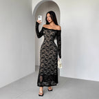 Damen nan schulterfreies Spitzenmidikleid mit feiner floraler Spitze, gefütterter Innenlage und tailliertem Schnitt R&B