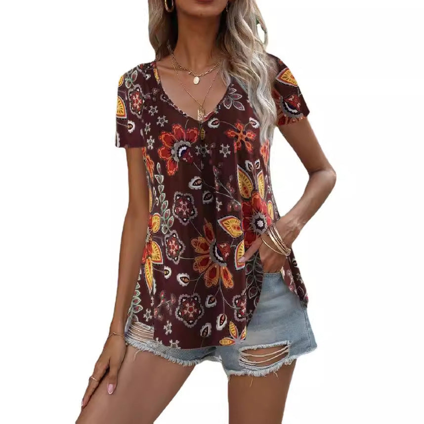 Damen luftiges Kurzarmoberteil mit floralem Muster R&B