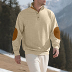 Herren nan kariertes Stepp-Sweatshirt mit Henley-Blende hohem Stehkragen und Velours-Ellenbogenpatch R&B