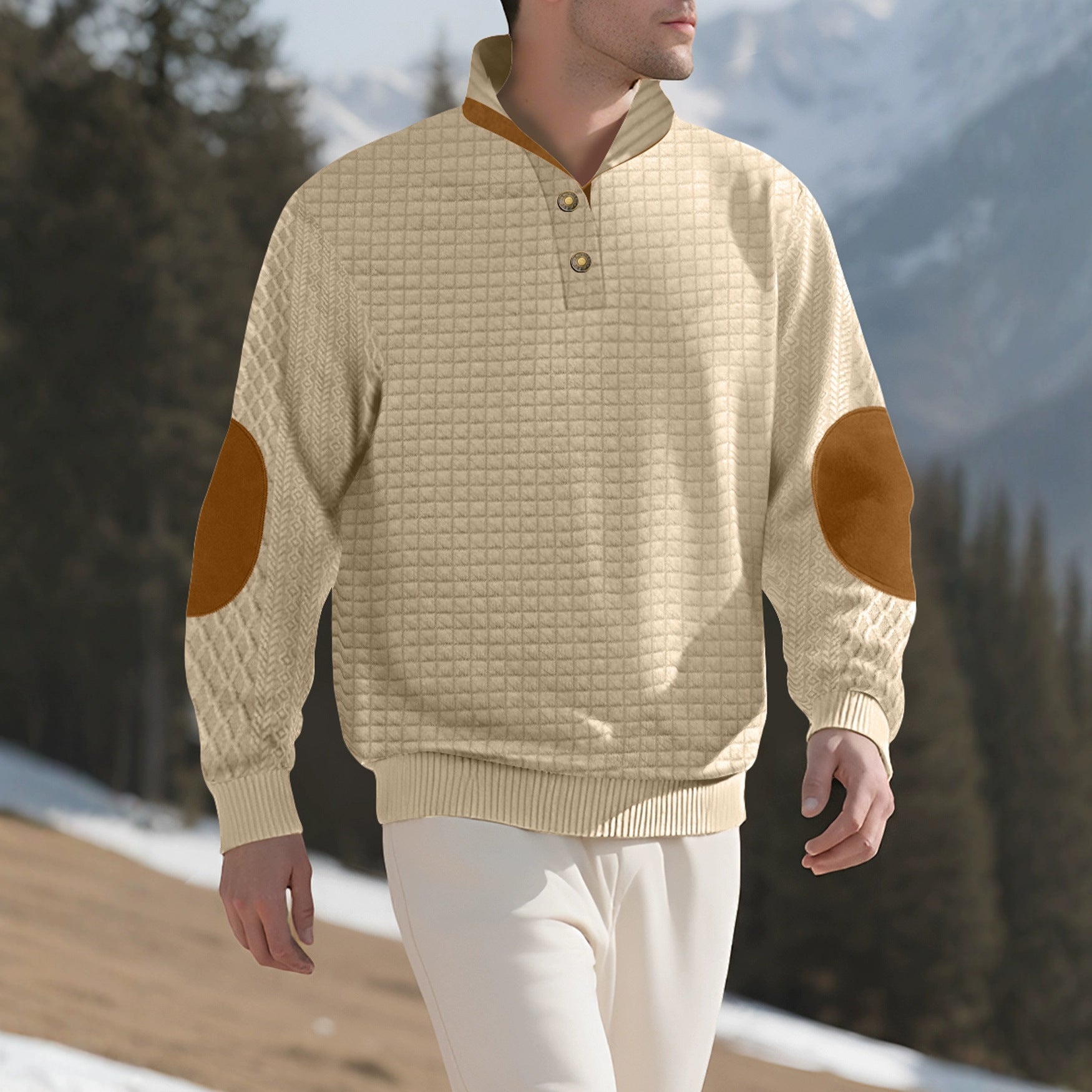 Herren nan kariertes Stepp-Sweatshirt mit Henley-Blende hohem Stehkragen und Velours-Ellenbogenpatch R&B