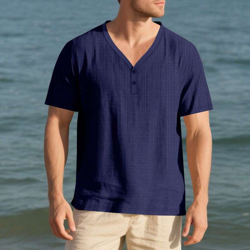 Herren lässiges Kurzarm-Henley-Shirt mit strukturierter Oberfläche R&B