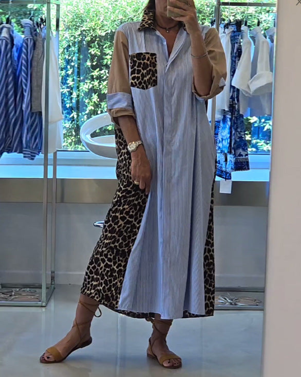 Damen Hemdblusenkleid mit Animal-Print und Streifen Heidi-Mode