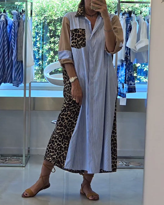 Damen nan Hemdblusenkleid im Printmix mit Leoprint-Seiteneinsätzen, Nadelstreifen-Passe und aufkrempelbaren Ärmeln R&B