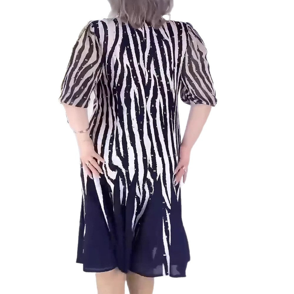 Damen nan tailliertes Midikleid mit grafischem Animalmuster, transparenten Puffärmeln und schwingendem Faltenrock R&B