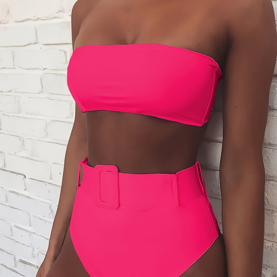 Damen Bandeau-Bikini-Set mit hoch taillierter Hose und trendigem Gürteldetail R&B