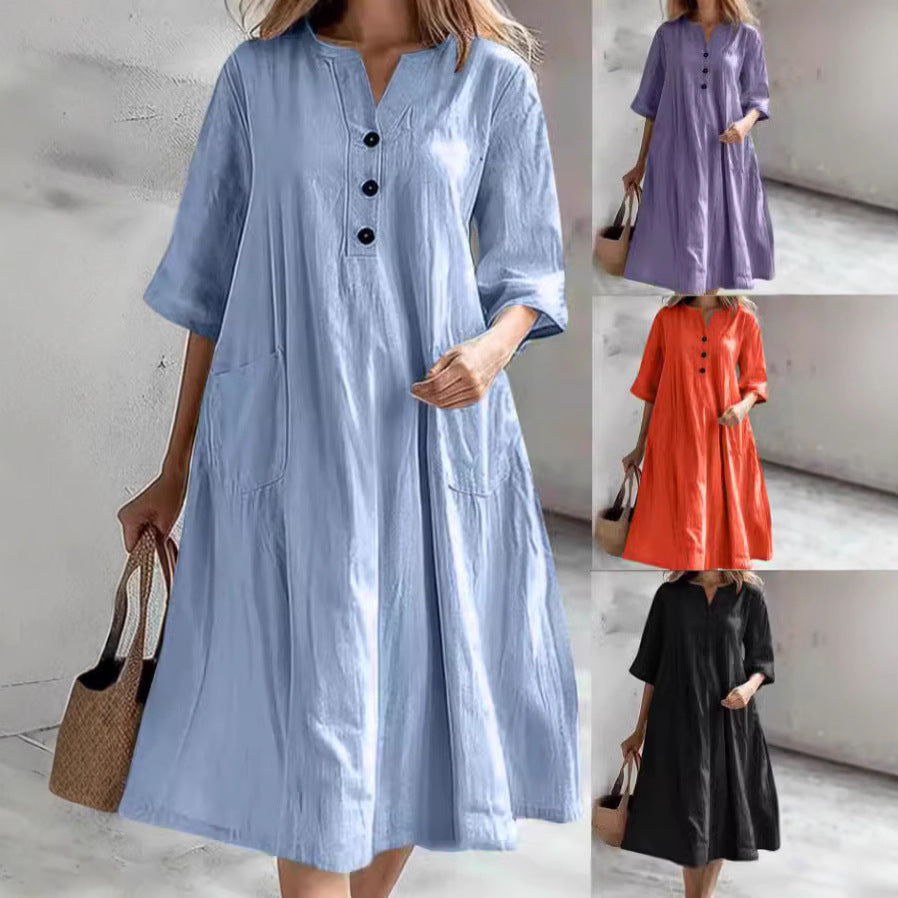 Damen lässiges Leinenkleid mit praktischen Taschen und Knopfdetails R&B