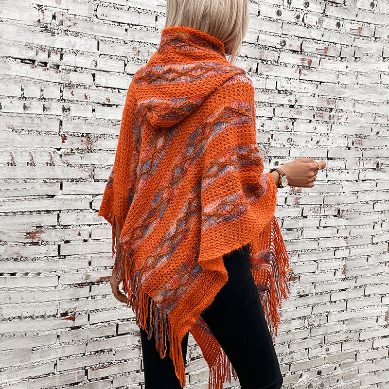 Damen Strickponcho mit Kapuze und fransigem Design