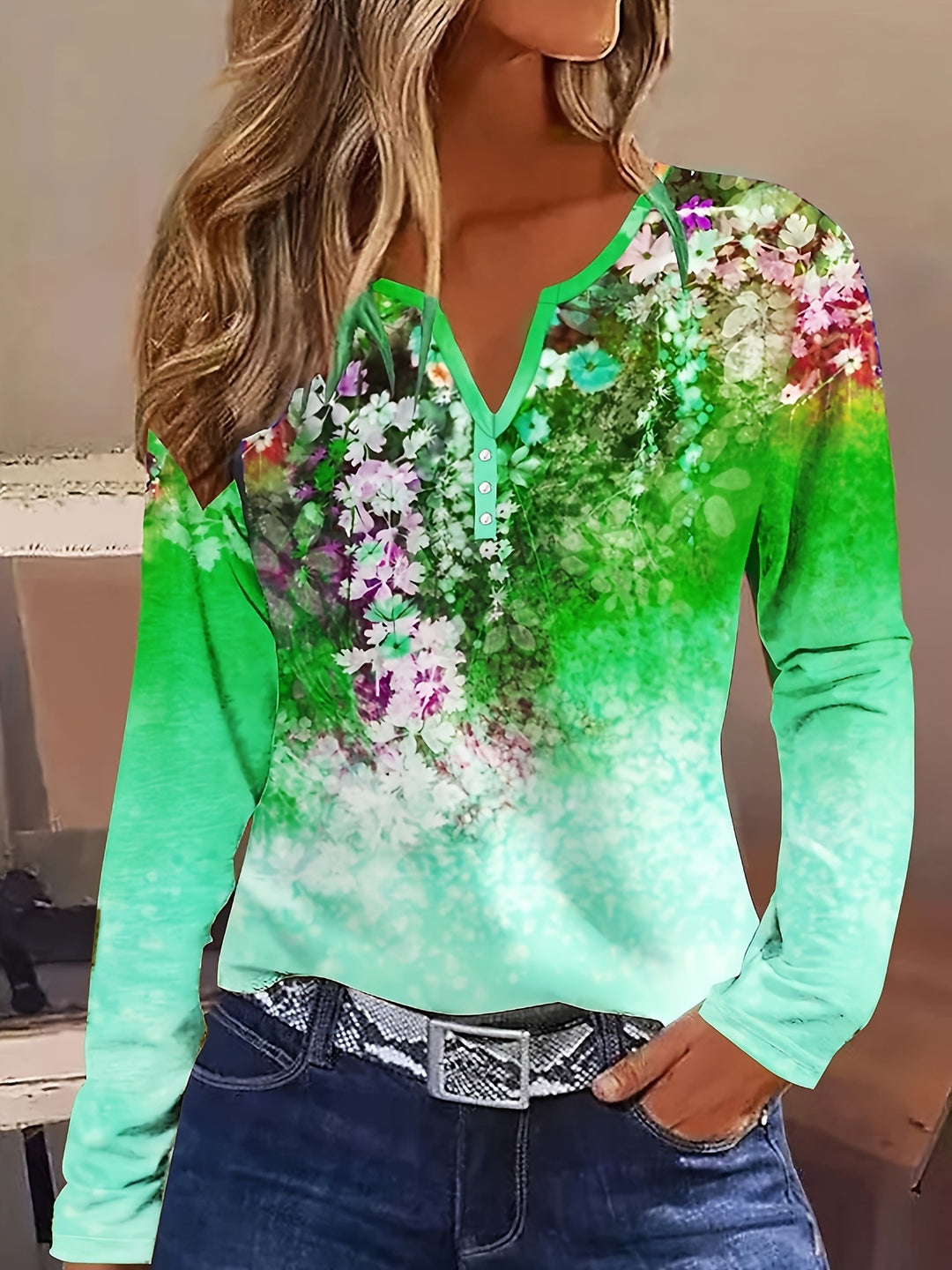 Damen Blütenmuster Langarmshirt mit Knopfleiste R&B