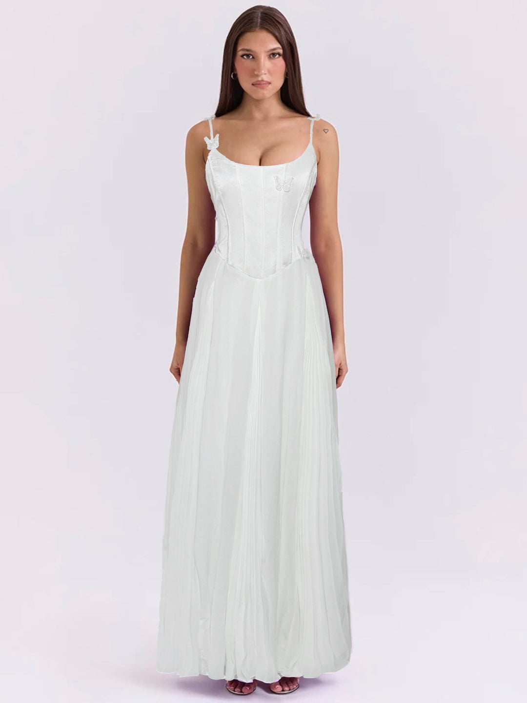 Damen nan figurbetontes Korsett-Maxikleid mit Schmetterlings-Trägern und plissiertem Chiffonrock R&B