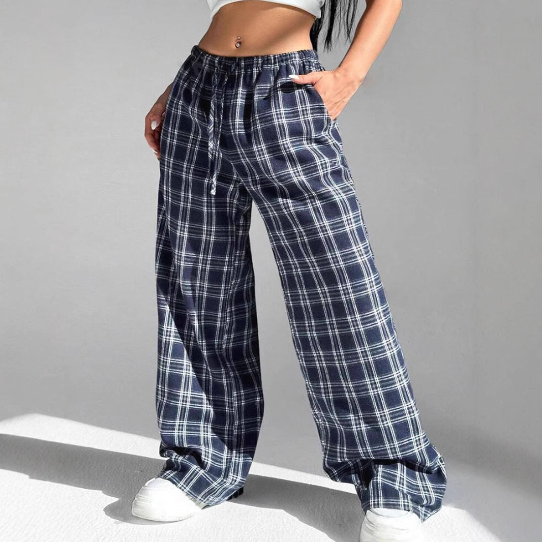 Damen Weite Karo Freizeithose mit elastischem Bund und Kordelzug R&B