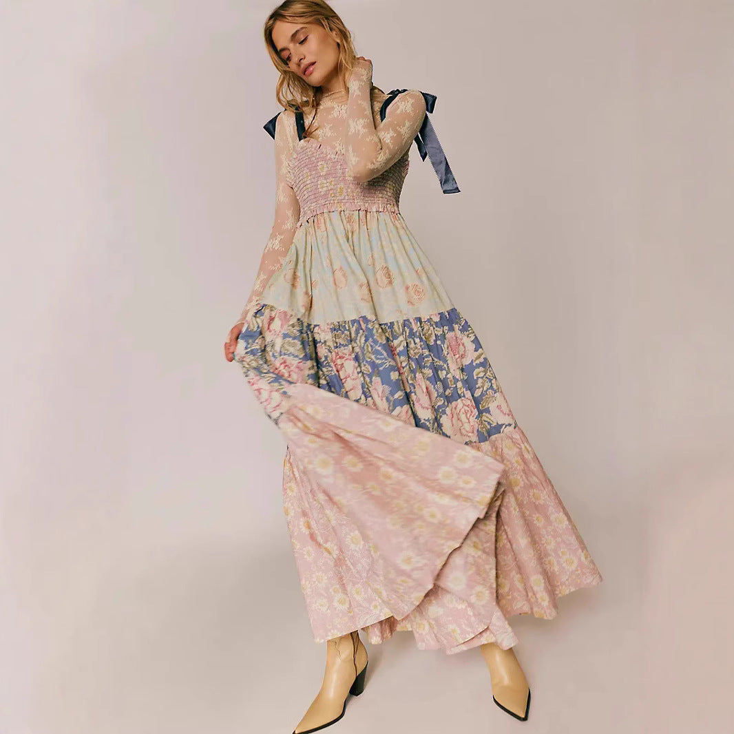 Damen Maxikleid mit floralen Mustern und voluminösem Rock R&B
