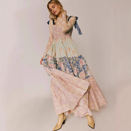Damen Maxikleid mit floralen Mustern und voluminösem Rock R&B