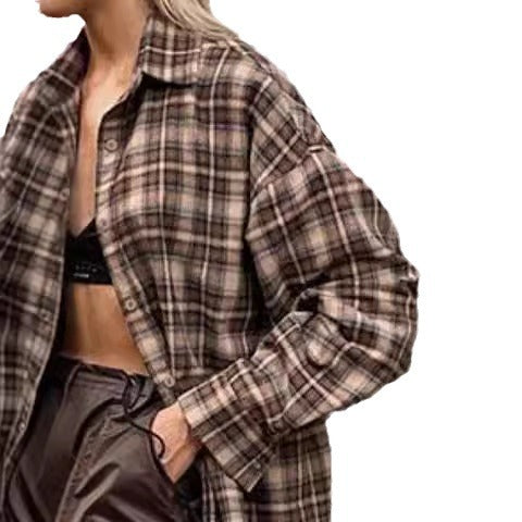 Damen Kariertes Overshirt im lässigen Schnitt mit übergroßen Ärmeln R&B