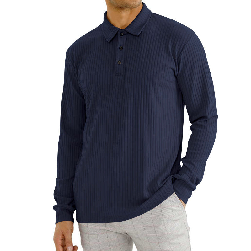 Herren nan geripptes Langarm-Poloshirt mit feiner Rippenstruktur, klassischem Kragen und elastischem Saum R&B
