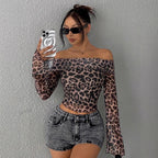 Damen Schulterfreies Oberteil mit Leopardenmuster und weiten Ärmeln R&B