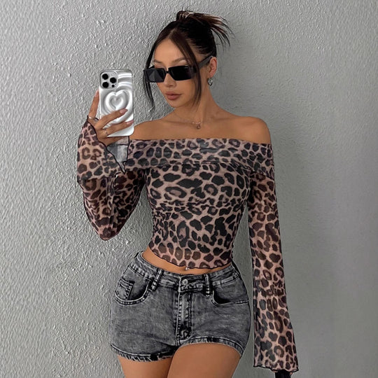 Damen Schulterfreies Oberteil mit Leopardenmuster und weiten Ärmeln R&B