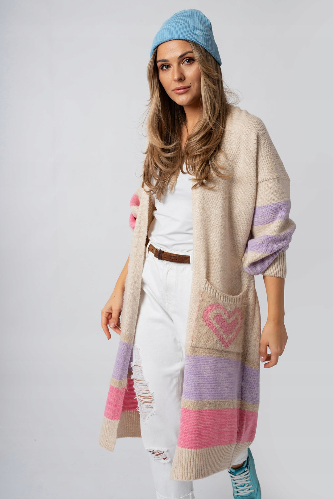 Damen Langärmliger Strickcardigan mit herzförmigen Taschen und modernem Farbblocking R&B
