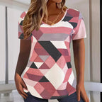 Damen V-Ausschnitt T-Shirt mit geometrischem Muster und weichem Material R&B