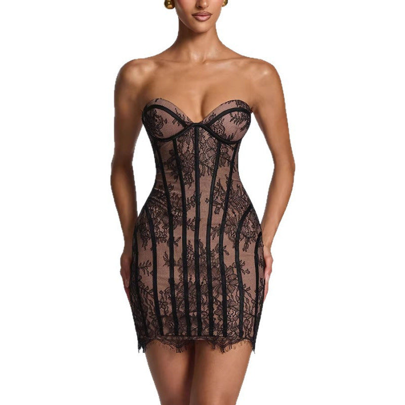 Damen verführerisches Spitzenkleid mit herzförmigem Ausschnitt und figurformendem Design R&B