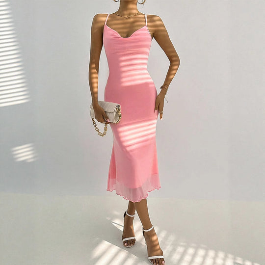 Damen Maxikleid mit zarten Spaghettiträgern und transparentem Saum R&B