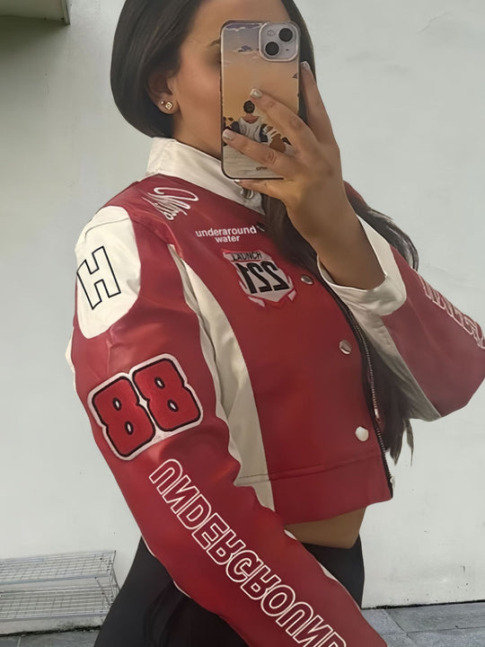 Damen trendige cropped Bikerjacke mit sportlichen Patches R&B
