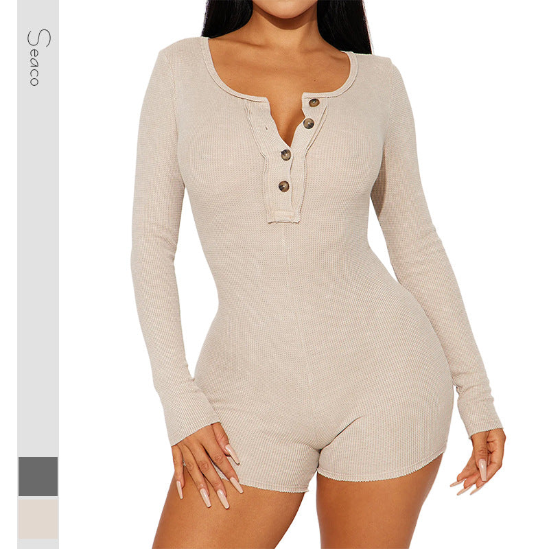 Damen Eleganter Langarm-Jumpsuit mit Knopfdetails R&B