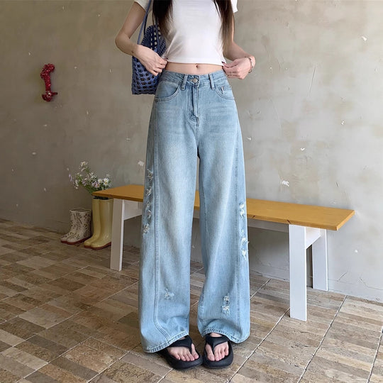 Damen Weite Jeans mit modischen Rissen und hohem Bund R&B