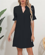 Damen Elegantes Kurzarm-Kleid mit V-Ausschnitt und Schößchen R&B