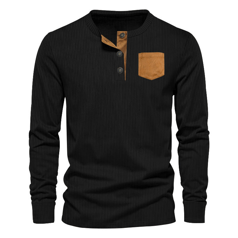 Herren Langarm-Henley-Shirt mit strukturiertem Design und dekorativer Brusttasche R&B