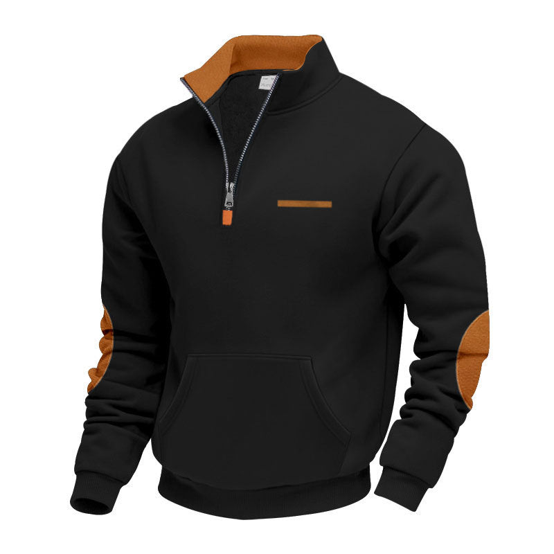 Herren nan Halbzip-Sweatpullover mit Stehkragen, Kängurutasche und Ellenbogenbesatz R&B