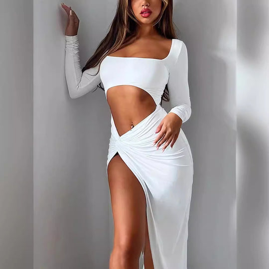Damen Cut-Out Maxikleid mit langer Ärmel und hohem Schlitz R&B