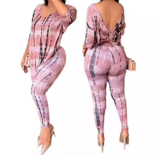 Damen Lässiges Kombinationsoutfit mit abstraktem Muster und überschnittenen Ärmeln R&B