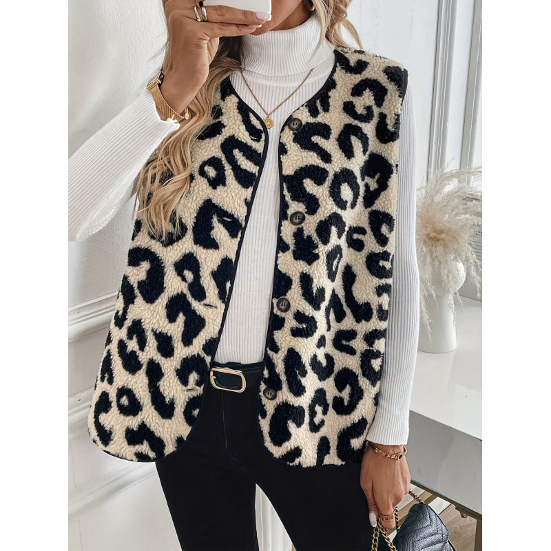 Damen Fellweste mit Leopardenmuster und Knopfverschluss R&B