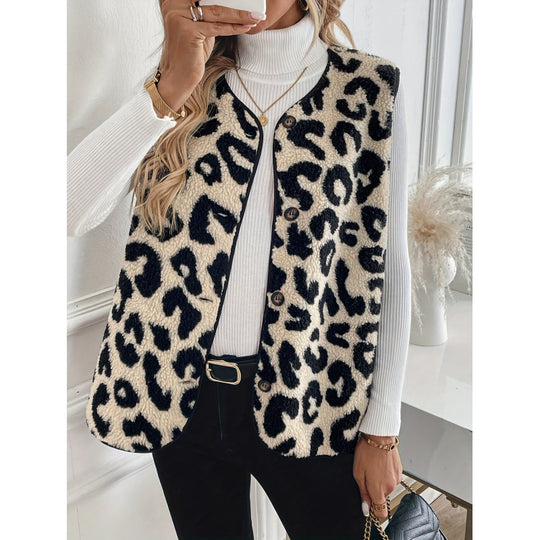 Damen Fellweste mit Leopardenmuster und Knopfverschluss R&B