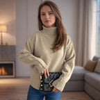 Damen modischer Rollkragenpullover mit Knopfdetails und asymmetrischem Saum R&B
