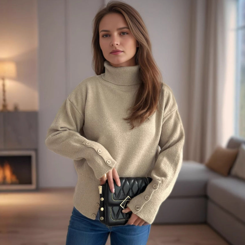 Damen modischer Rollkragenpullover mit Knopfdetails und asymmetrischem Saum R&B