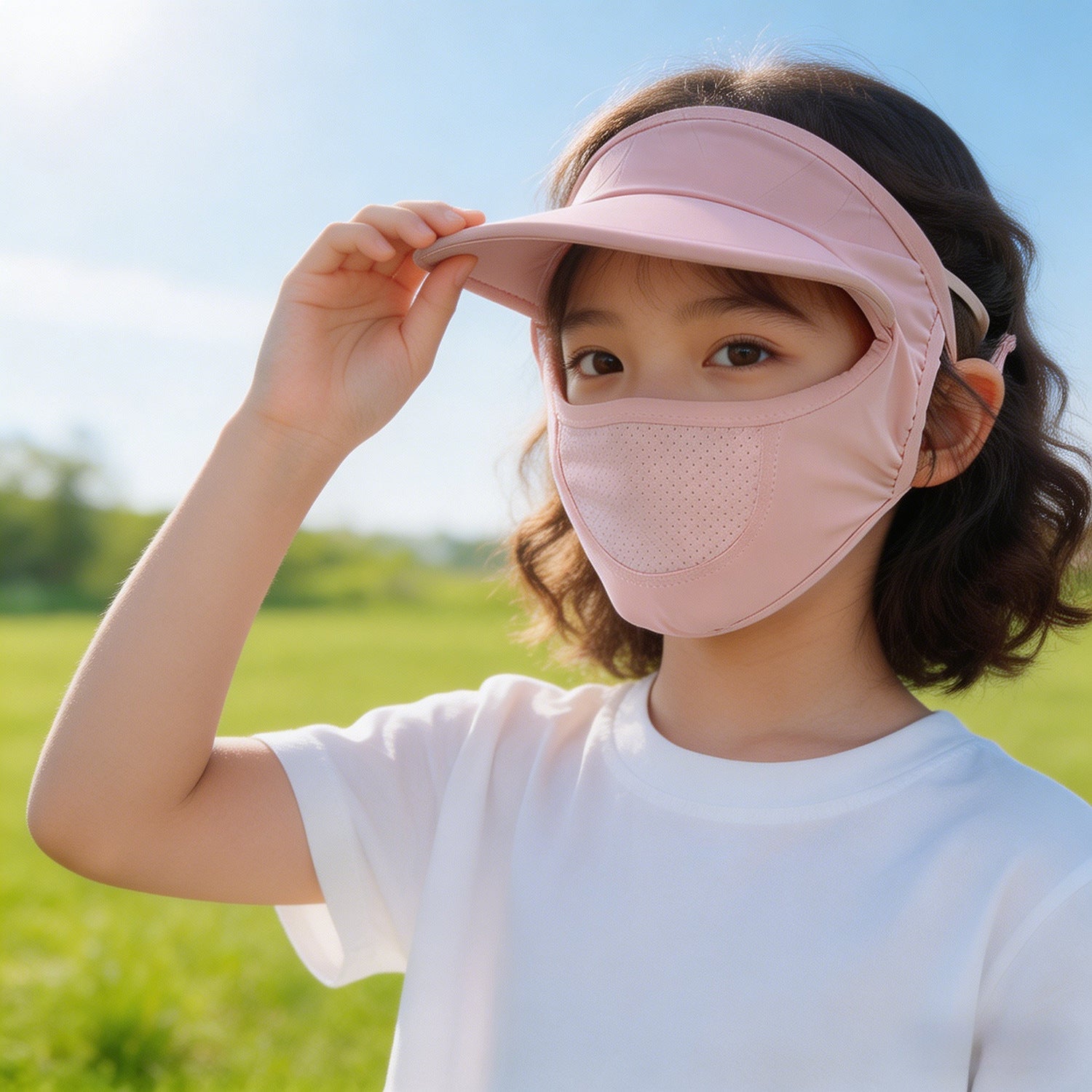 Unisex nan Kinder-Sonnenvisier mit integrierter atmungsaktiver Gesichtsmaske, verstellbarem Nackengurt und perforierter Kinnpartie  R&B