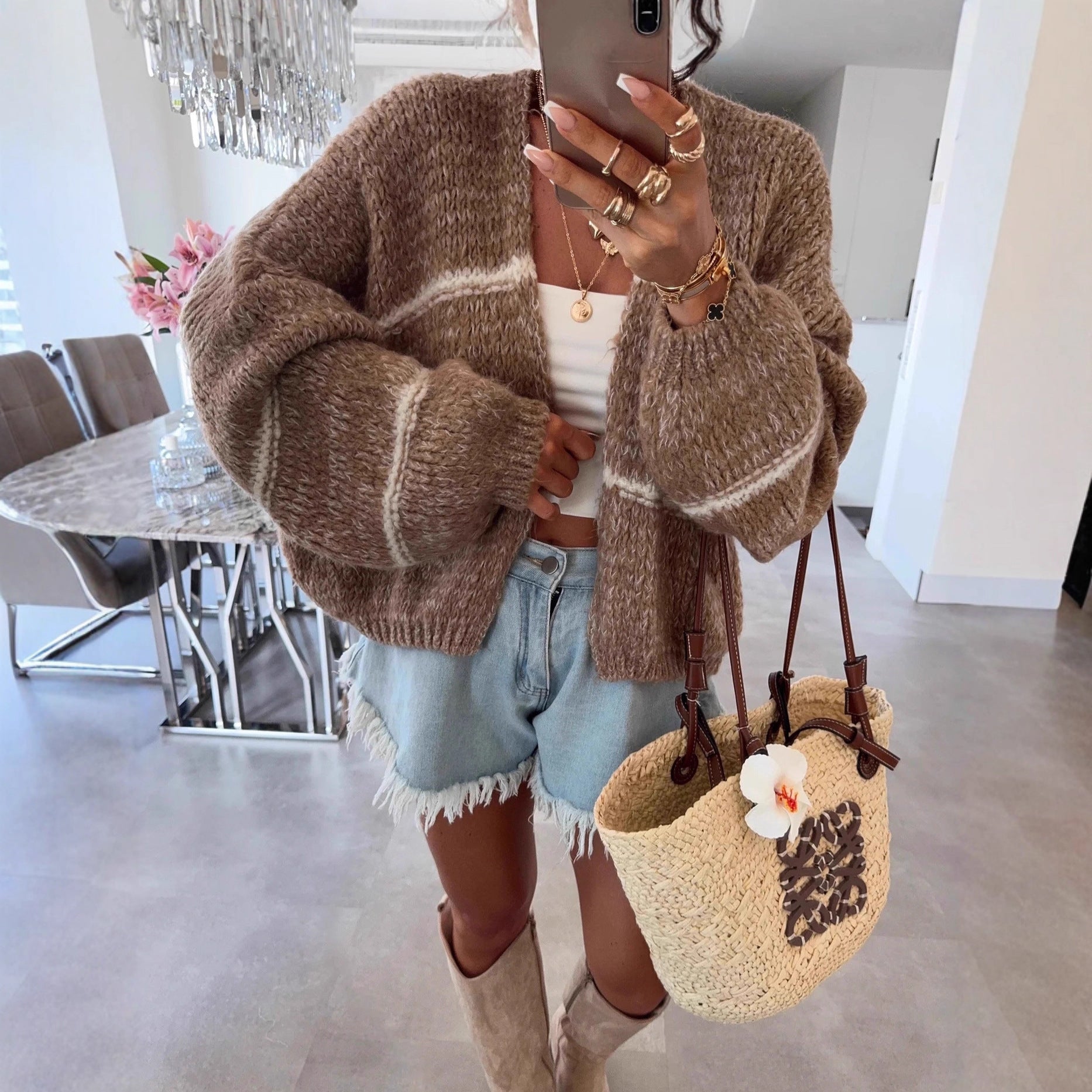 Damen Grobstrickjacke mit lässigem Schnitt und modischem Streifenmuster R&B